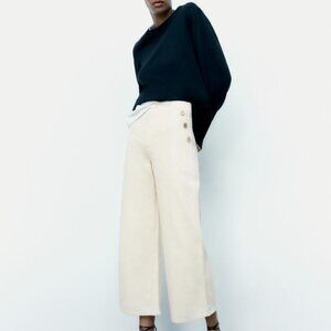 Zara Sailor Cream Cropped Wide Leg Jeans with Golden Button Khaki/Beige Sz US‎ 4